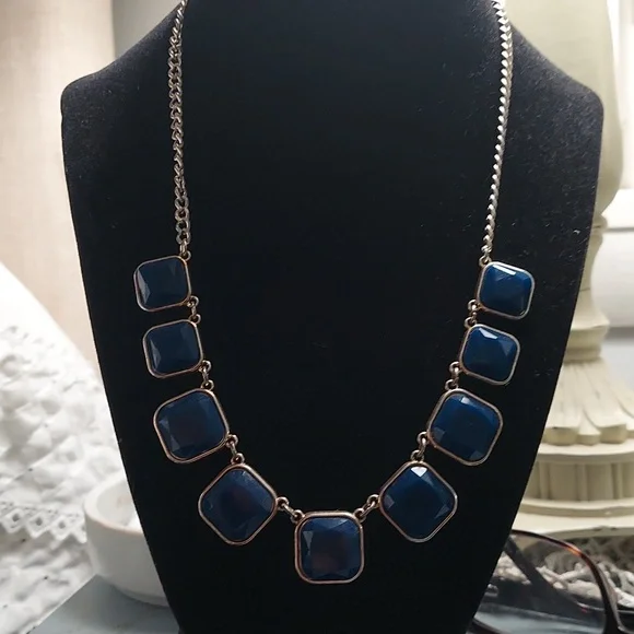 Cobalt Blue Square Stone Statement Chunky Necklace - Picture 6 of 11